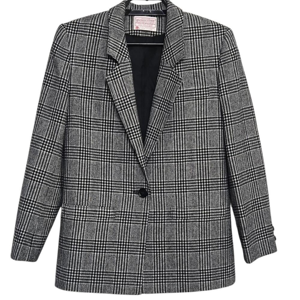 Vintage Womens Pendleton Blazer Size 4P Petite Black White Wool One Button